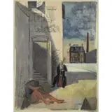 Adolf Konrad, Seated figure and trombone player in street, Gouache and Ink on Paper Study