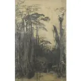 John Conway, Forest Landscape with Figure and Dogs, Charcoal on Canvas Study