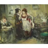 Moshe Chauski, Figures in the Kitchen, Oil on Board