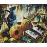 Jean Amiot, Still Life with Guitar, Books, and a Pitcher, Oil on Canvas