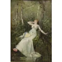 Pierre-Marie Beyle, Reclining Woman at Riverbank, Oil on Wood Panel