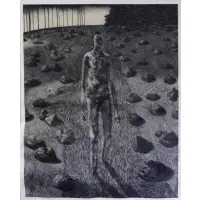 Peter Drake, Figure in Landscape, Large Ink on Sandpaper