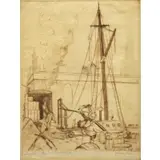 Anthony Velonis, Loading Ice, Fulton Fish Market Dock, Rare 1934 NY Etching "Loading Ice, Fulton Fish Market Dock"