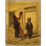 Louise Thuillier Mornard, Louise Thuillier 1870, 19th C. Oil on Panel of Young Street Musicians