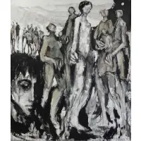 Gino Hollander, Gino F. Hollander, American, b, Abstract Oil on Canvas of Migrants in Landscape