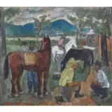 Maurice Becker, Horse Dealers., Oil/Wood Panel
