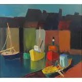 Castro. by Arturo Pacheco Altamirano, Oil on Canvas of Boats and Figure in Harbor, offered Sep 2013
