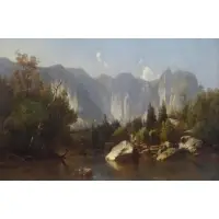 Paul Weber, Cathedral Rocks - Yosemite., Oil on Canvas "Cathedral Rocks - Yosemite." Signed and dated 1866 lower right