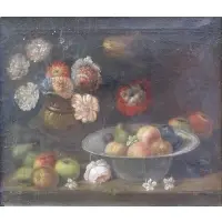 Willem Kalf, Monogrammed lower right, Oil on Canvas Still Life with Fruit and Flowers