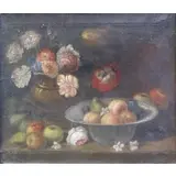 Willem Kalf, Monogrammed lower right, Oil on Canvas Still Life with Fruit and Flowers
