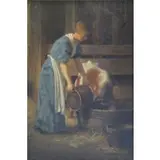 Enoch Wood Perry, Jr., American - active in New York/California, 1831 - 1915 by Enoch Wood Perry, Jr., Oil on Canvas of Woman Feeding a Cow, offered Jul 2013