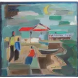 Werner. Gouache Drewes, of Figures on a Pier at Night, Gouache or possibly oil (?) on paper