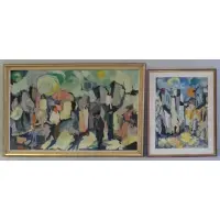 Yona Mach, Two Israeli Paintings, Gouache on paper street scene - signed lower right in English and Hebrew