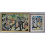 Yona Mach, Two Israeli Paintings, Gouache on paper street scene - signed lower right in English and Hebrew