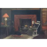 William Henry Yates, lower left, Oil on Canvas of Old Lady at Hearth