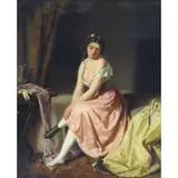 Selina Roberts, Meditation., Oil on Canvas "Meditation." Interior with beauty removing her shoes