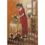 H Boztas, Interior with Woman Arranging Flowers, Pastel