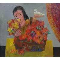 Carmen D'Avino, Carmen D'Avino, French - active in New York, 1918 - 2004, 1960 Oil/Masonite of Woman with Flowers & Birds