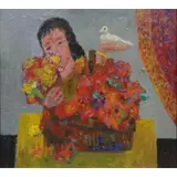 Carmen D'Avino, Carmen D'Avino, French - active in New York, 1918 - 2004, 1960 Oil/Masonite of Woman with Flowers & Birds