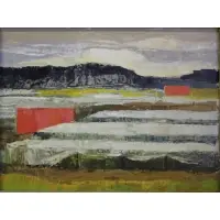 Leslie Randall, Untitled, Oil on Board Landscape with Tents Signed lower right