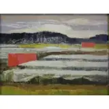 Leslie Randall, Untitled, Oil on Board Landscape with Tents Signed lower right
