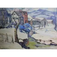 Peter Bela Mayer, Salmagundi Club label verso, Snow Scene Oil on Board