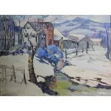 Peter Bela Mayer, Salmagundi Club label verso, Snow Scene Oil on Board