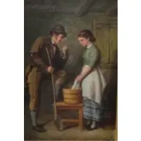 Charles H Cook, O/C Genre Scene of Man with Woman Washing Clothes