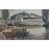 William Henry, Style of Benton, Watercolor Harbour Scene