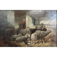 All original by C.E Jacques, Oil on Canvas Sheep In Barn, offered Jun 2011