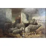 C.E Jacques, All original, Oil on Canvas Sheep In Barn
