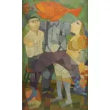 Mel Fowler, Man and Woman with Fish-Headed Figure, Oil on Masonite