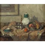 Wilhelm Blanke, Still Life with Teapot and Fruit, Oil on Canvas