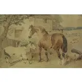 John Herring Jr, Horses and Pigs in Barnyard, Watercolor on Paper