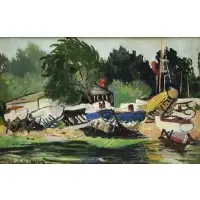 Haley Lever, Yacht Building, City Island, 1946, Oil on Wood Panel "Yacht Building, City Island" 1946