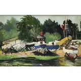 Haley Lever, Yacht Building, City Island, 1946, Oil on Wood Panel "Yacht Building, City Island" 1946