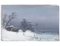 Pair Winter Landscapes by Anton Waldhauser, Before 1913, Oil on veneer, sold Dec 2021