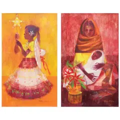a) Child with Christmas Lantern b) Mother and Child with Poinsettias by Romeo Tabuena, oil on masonite board, offered Dec 2021