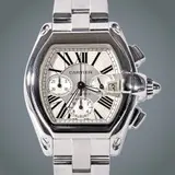 Cartier Roadster Chronograph, Untitled, Case & Dimensions • Case Material: Stainless steel • Case Shape: Tonneau / Barrel-inspired Cartier Roadster profile • Diameter: Approx. 43 mm • Case Length (lug to lug): ~47–48 mm • Thickness: ~12.2–12.3 mm • Bezel: Fixed stainless steel • Crystal: Scratch-resistant sapphire crystal, with anti-reflective coating and Cyclops magnifier over date • Case Back: Solid stainless steel • Water Resistance: 100 m / 10 ATM (suitable for daily wear, swimming)
