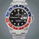 Rolex GMT-Master II “Pepsi”, Untitled, Case & Dimension • Material: Stainless steel (Rolex Oystersteel, 904L) • Diameter: 40 mm (without crown) • Thickness: ~12–12.5 mm • Lug Width: 20 mm • Caseback: Solid, screw-down • Water Resistance: 100 m / 330 ft (10 ATM) • Crystal: Scratch-resistant sapphire with Cyclops date magnifier • Bezel: Bidirectional rotating 24-hour bezel with aluminum Pepsi insert (red/blue) Movement • Caliber: Rolex 3135 • Type: Self-winding automatic mechanical