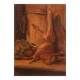 European School, Still Life with Hanging Hare, Lantern and Kitchen Utensils, oil on canvas