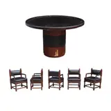 A Game Table with Five Chairs, Untitled, hardwood, teakwood and leather