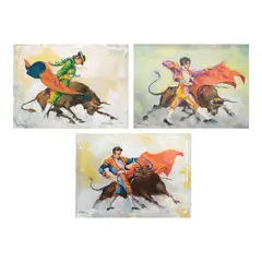 J.D. Castro, a.) Bullfight-1  b.) Bullfight-2c.) Bullfight-3, b.) signed and dated 1979 (lower left and verso)<br /> oil on canvas<br /> 12” x 16” (30 cm x 41 cm)<br /><br />
