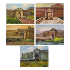 J.D. Castro, a.) Real Gateb.) Postigo Gatec.) Sta Luciad.) Isabel IIe.) Parian, b.) Postigo Gate<br /> signed and dated 1980 (lower right and verso)<br /> oil on canvas<br /> 12” x 16” (30 cm x 41 cm)<br /><br />