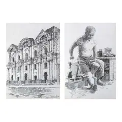 A. Sarmiento, a.) Taal Batangas Church b.) Shoemaker, pen and ink on paper