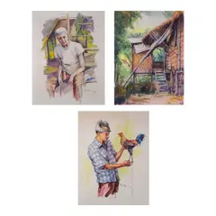 a.)  Portrait b.) Bahay Kubo Series c.) Sabungero by J.D. Castro, a.) watercolor on paper <br /> b.) watercolor on paper <br /> c.) watercolor on paper, offered Jul 2024