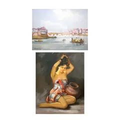 J.D. Castro, a.) The Old Bridge of Spain or Fuente Spaña b.) Woman with Jar, oil on canvas