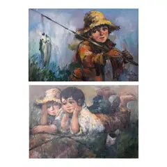 a.) Boy Fishing b.) Untitled by Salvador Cabrera, oil on canvas, offered Jul 2024