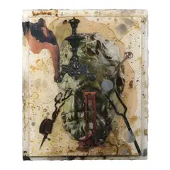 Arturo Sanchez, Head Hunting II, acrylic and collage in clear cast resin