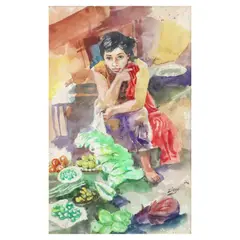 Vegetable Vendor by Demetrio Diego, watercolor on paper, offered Apr 2024